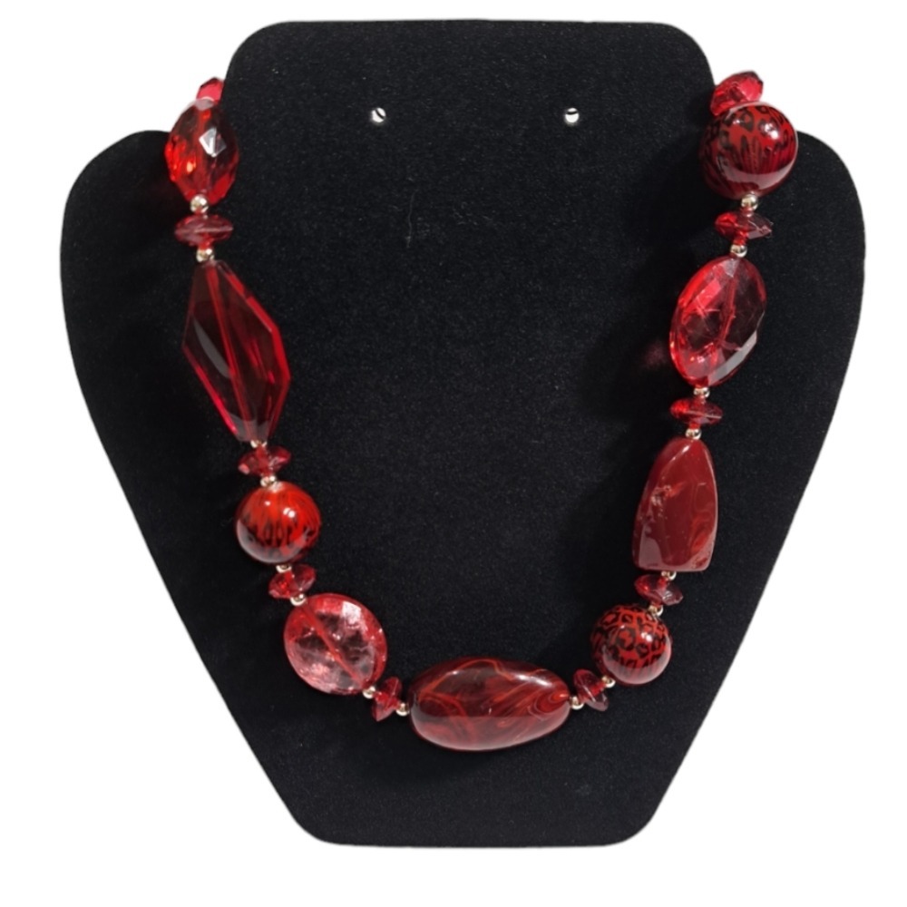 Vintage Chunky Acrylic Stones Necklace Burgundy 8.5 + 4 Inches‎